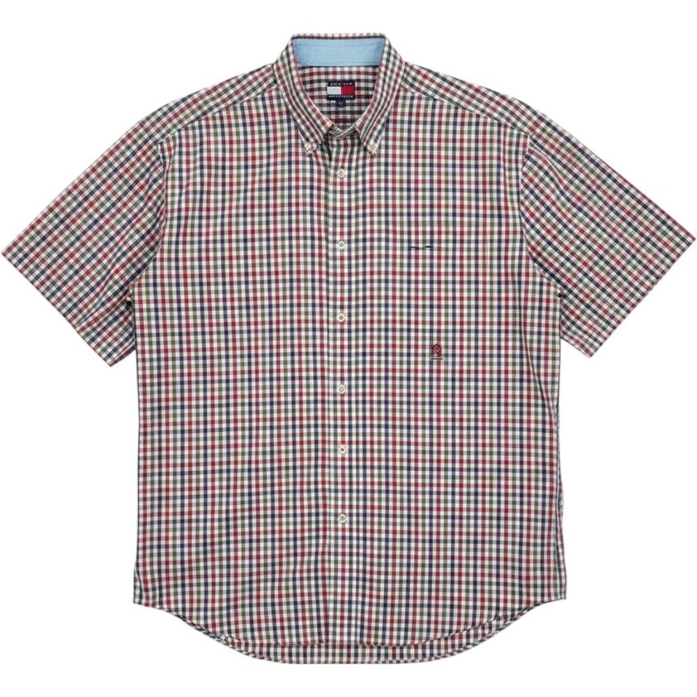 Tommy Hilfiger XL Button‎ Down Shirt Red Navy Green Gingham Plaid Short Sleeve